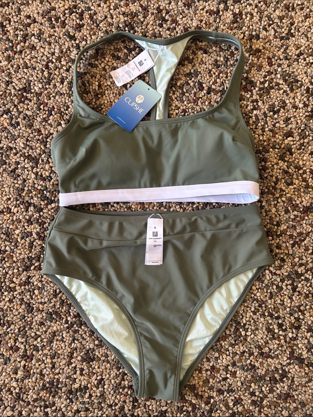 Cupshe Olive Green High-Waist Bikini with White Trim